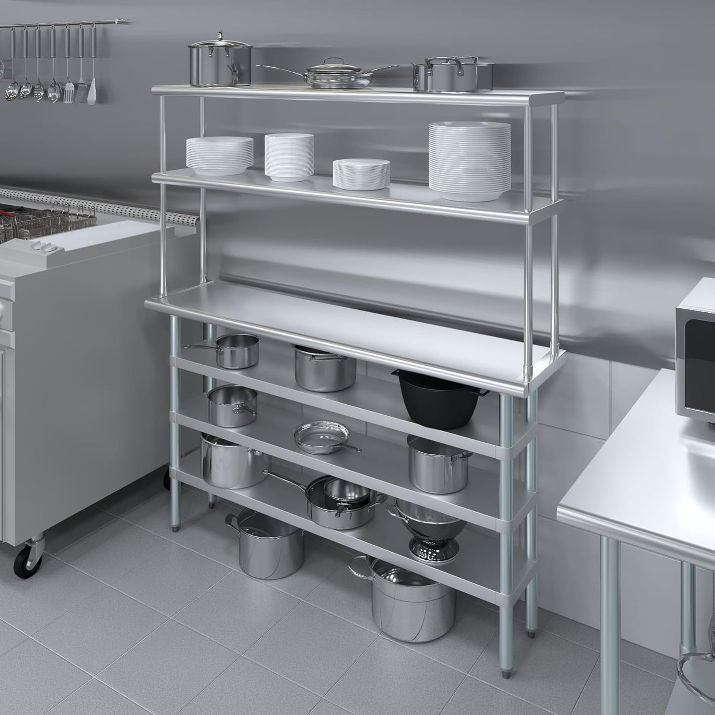 Amgood 14" x 60" Stainless Steel Work Table with 3 Shelves and 12" Wide Double Tier Overshelf | Metal Kitchen Prep Table & Shelving Combo | NSF