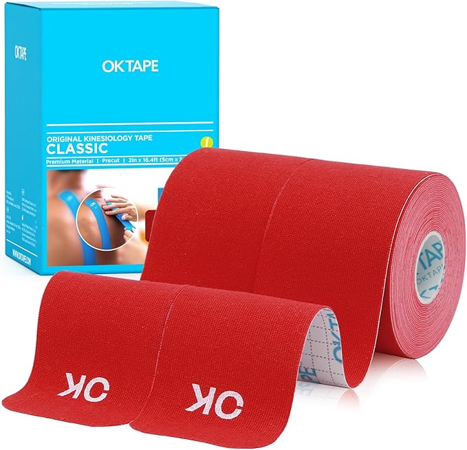 OK TAPE Kinesiology Tape 10 inches Precut, 20 Strips, Cotton Elastic Athletic Tape Latex Free, 2inch x 16ft, 2 Rolls Red