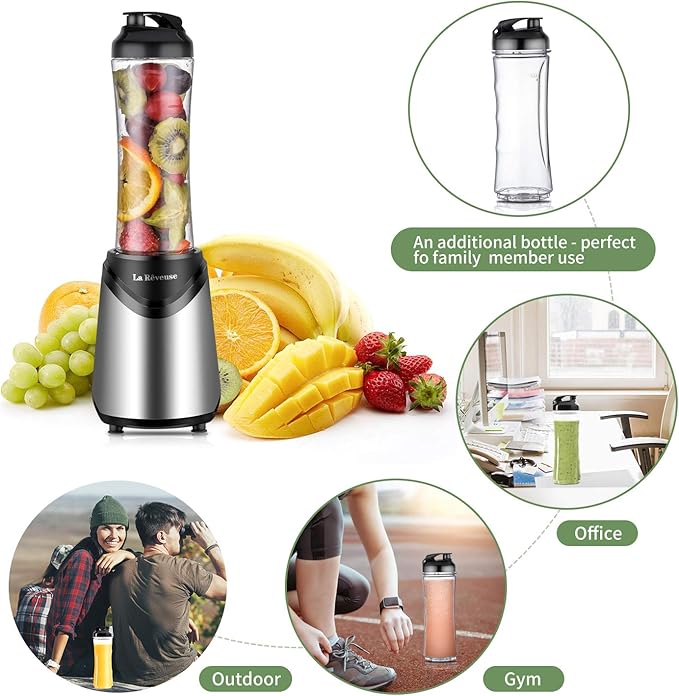 La Reveuse Smoothie Blender Personal Size 300 Watts with 2 Pieces 18 oz BPA-Free Travel Sports Bottles (Silver)