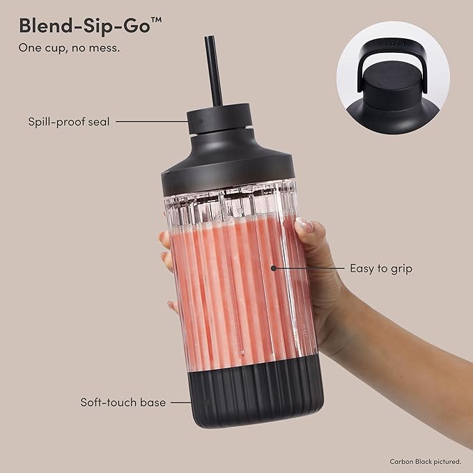 Beast Mega 1200 | Premium Countertop Blender | Smoothies, Shakes, Sauces, Dips, Soups | Blends Ice and Frozen Fruit | Includes Extra Lids and Straw System | 1200W | (Carbon Black, 120V)