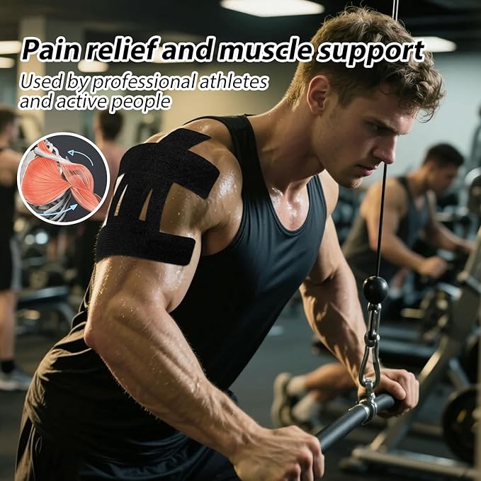 10pcs Kinesiology Tape for Shoulder, Waterproof Muscle Tape Precut Strips Breathable Elastic Pre Cut Athletic Accessories for Body Fitness Shoulder Support Sports & Physical Relaxation (Black)