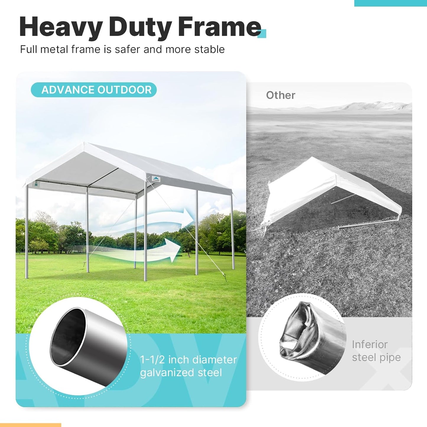 ADVANCE OUTDOOR Adjustable 10x15 ft Heavy Duty Carport Car Canopy Garage Boat Shelter Party Tent, Adjustable Height from 9.5 ft to 11 ft, White