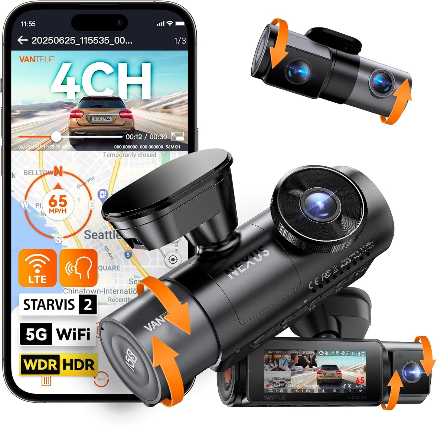Vantrue N5S 4 Channel 360 Degree WiFi Dash Cam, STARVIS 2, IR Night Vision, 2.7K+1080P*2+1440P Front Rear Inside Dashcam, Voice Control, GPS, 24 Hours Parking Mode, LTE Support, Support 1TB Max