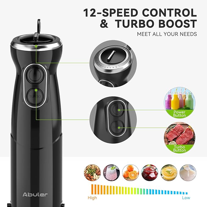 Immersion Blender Handheld Hand Blender, 1000W 5 in 1 Hand Mixer Stick, BPA-Free 12 Speed Handheld Blender 304 Stainless, Mixing Beaker, Chopper, Whisk, Milk Frother, Soup, Smoothies, Baby Food, Sauce