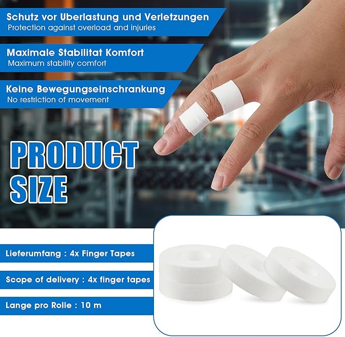 Finger Tapes, 0.5 Inch x 10 Yard White Athletic Tape - Extra Strong Adhesive, 4 Rolls for Sports, Medical & Foot Use - Ideal for Climbing, Basketball, Lifting & BJJ