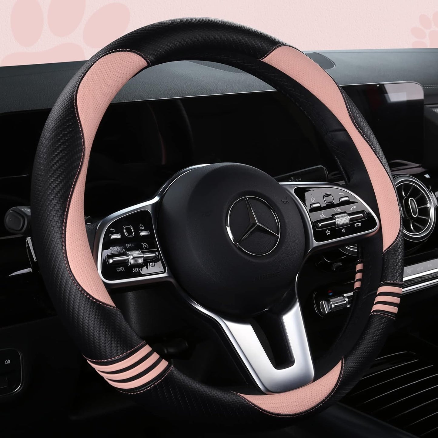 Car Steering Wheel Covers for Women Padded Carbon Fiber PU Leather Cute Auto Interior Accessories for Vehicle, Sedan, Universal, Anti Slip, Pink, Standard Size 14.5-15"(37-38cm)