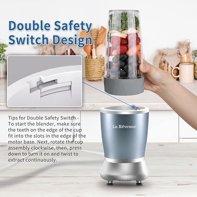 La Reveuse Personal Size Blender 250 Watts Power for Shakes Smoothies Seasonings Sauces with 1 Piece 15 oz Cup,1 Piece 10 oz Mug,BPA-free (Pearl Blue)
