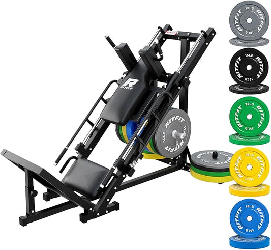 RitFit Adjustable Leg Press and Hack Squat Machine with Weight Plate Set, Professional Home Gym Equipment with Linear Bearings, Specialized for Complete Lower Body Workouts and Weight Storage Posts
