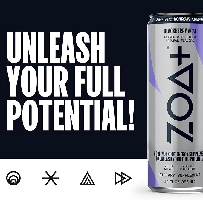 ZOA+ Pre-Workout Energy Drink Supplement - NSF Certified for Sport with Zero Sugar, Nitric Oxide Support, B & D Vitamins, Amino Acids, and Electrolytes (BlackBerry Acai)