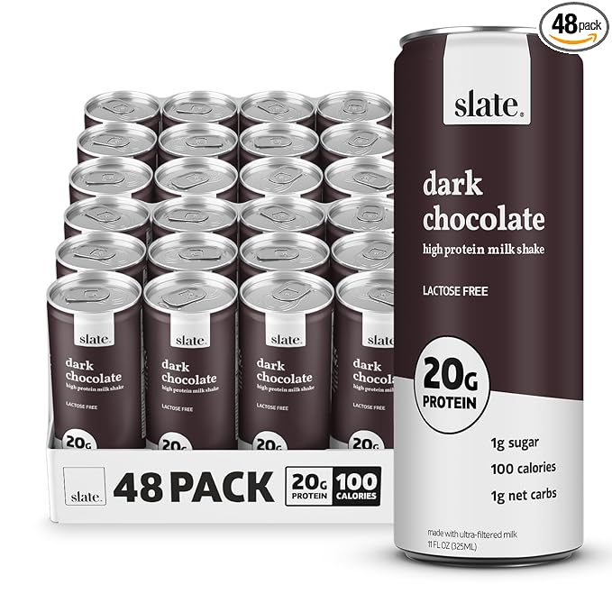 Slate Milk - High Protein Milk Shake - Dark Chocolate - Lactose Free, 20g Protein, 1g Sugar, 100 Calories, 1g Net Carbs, No Added Sugar - Natural, Breakfast Boost, Post Workout - 11 fl oz, 48 Cans