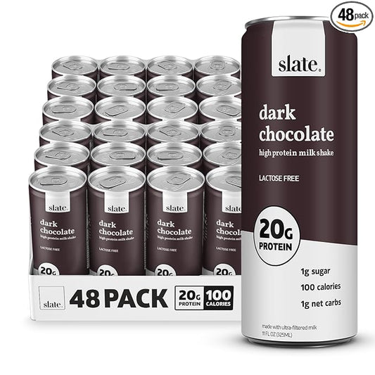 Slate Milk - High Protein Milk Shake - Dark Chocolate - Lactose Free, 20g Protein, 1g Sugar, 100 Calories, 1g Net Carbs, No Added Sugar - Natural, Breakfast Boost, Post Workout - 11 fl oz, 48 Cans