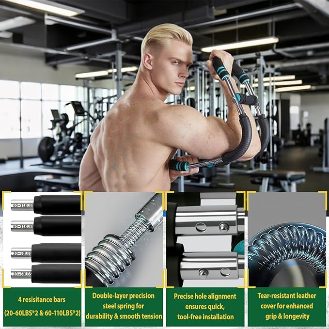 VVOKGO Twister Arm Trainer with 4 Spring for Men & Women, 20-110lb Adjustable Chest Workout Equipment, Shoulder Arm Strength Exerciser, Portable Power Twister Bar, Detachable Design Fitness Anywhere