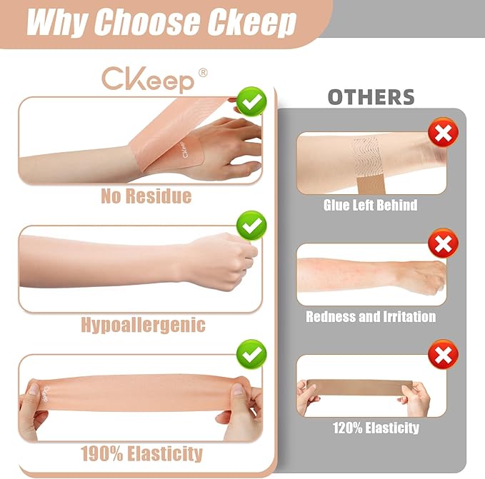 CKeep 4 Rolls Kinesiology Tape, Original Cotton Elastic Athletic Tape, 20 Precut 10" Strips Each, Beige, Ideal for Muscle Support & Injury Prevention