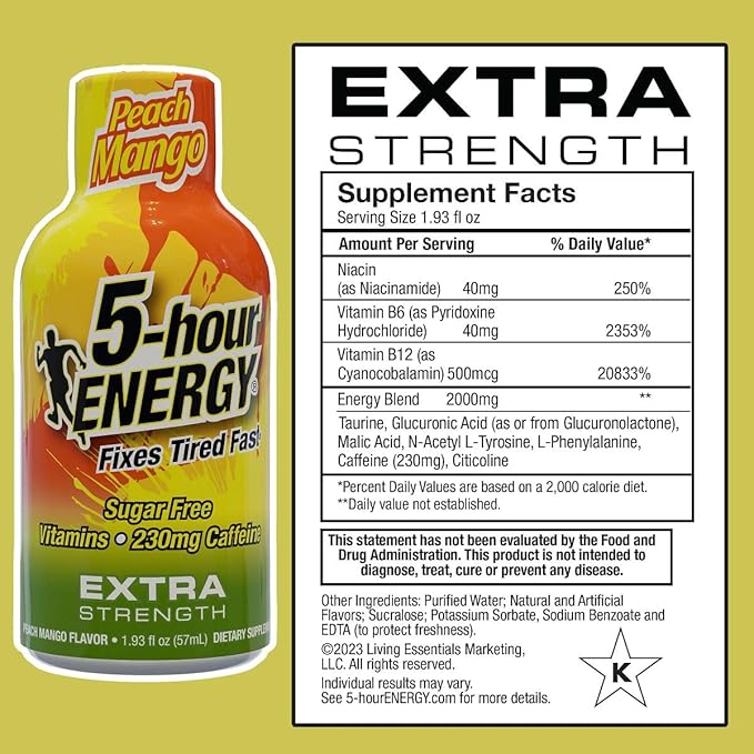 5-hour ENERGY Extra Strength Energy Shot, Peach Mango Flavor, Zero Calories & Sugar-Free 230 mg Caffeinated Shot, Amino Acids & B Vitamins, Dietary Supplements, 1.93 oz., 30 Count