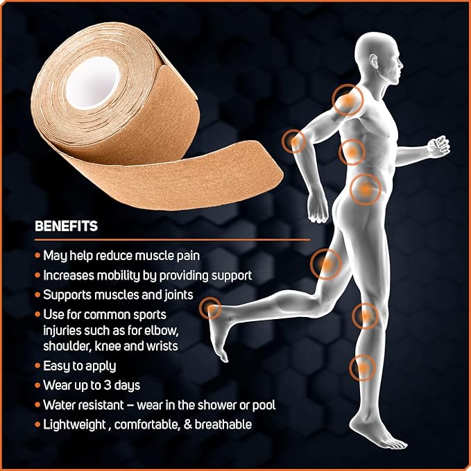 Care Science Waterproof Kinesiology Tape, Precut Water Resistant Strips, Elastic Athletic Tape for Sports & Weightlifting, Supports Muscles & Joints, Muscle Strain Relief, Tan, 2 Rolls, 40 Count