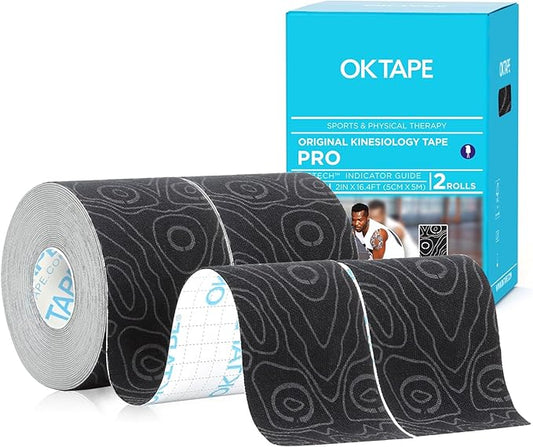 OK TAPE PRO Kinesiology Tape Uncut Roll, Elastic Physical Therapy Athletic Tape for Pain Relief, Muscle Support, Kinetic Tape, Water Resistant, 2in X 16.4ft -Black Gray 2 Rolls