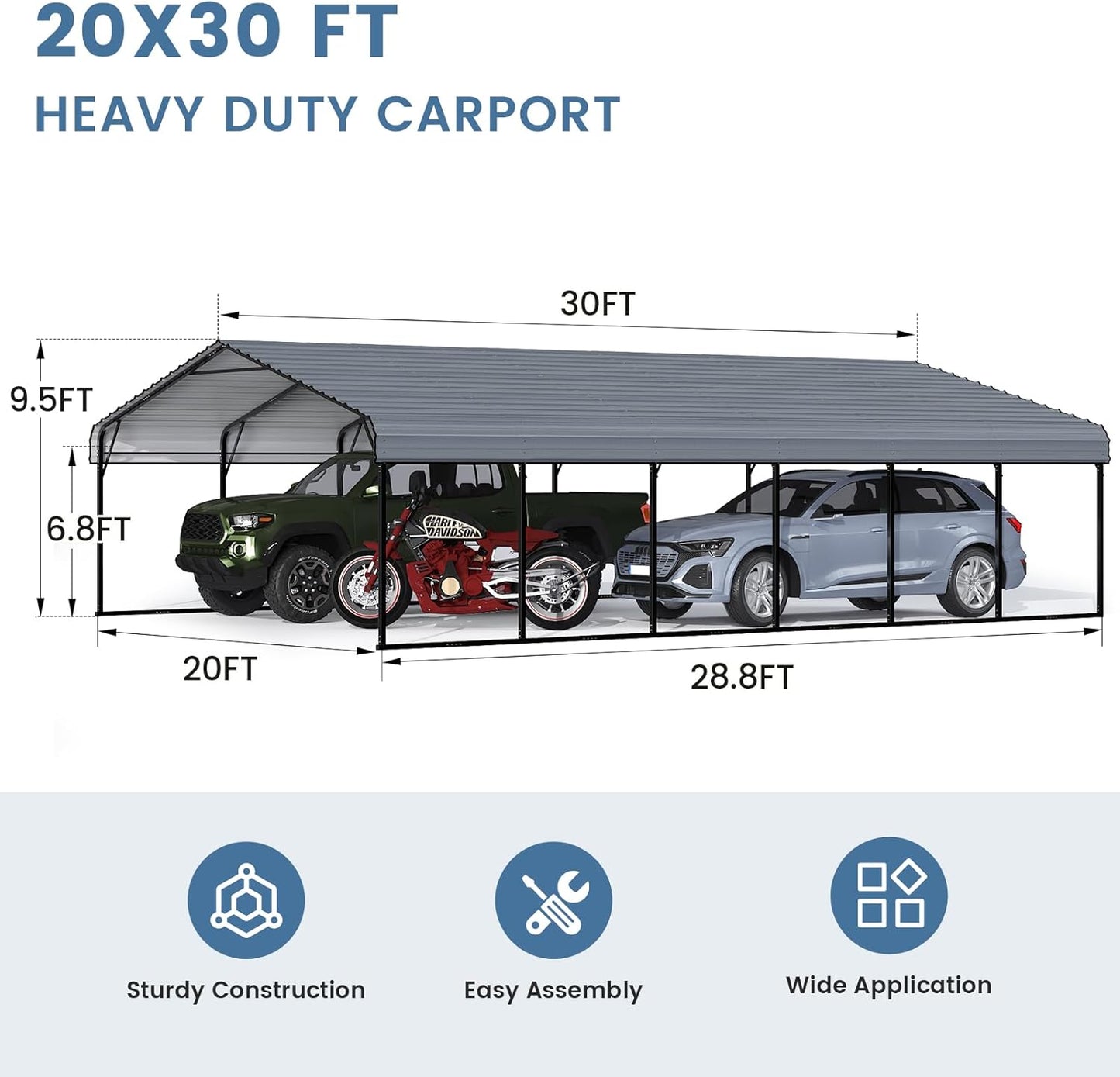 EROMMY 20x30 FT Metal Carport, Heavy Duty Carports with Galvanized Steel Roof and Frame, Sturdy Car Shed in All Weathers, Easy Assembly Car-Shelter for 2 Cars, SUV, Tractors and Boat, Gray