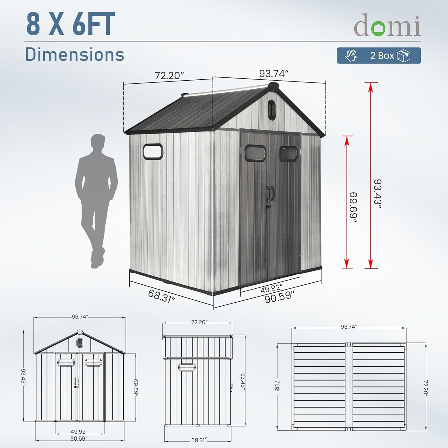 Domi 8x6 FT Outdoor Resin Storage Shed, All-Weather Double-Wall Storage Building for Backyard, Garden, Lawn Tools, Mower, Bike & Pool Equipment, Lockable Doors, Ventilated Roof, Grey
