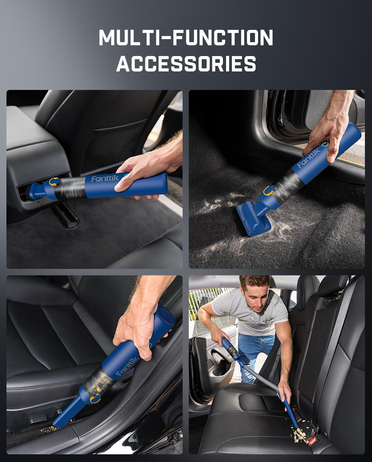 Fanttik Slim V8 Mate Cordless Car Vacuum Suction Power 12000Pa, Portable Mini Vacuum with Flexible Hose and Pet Brush, Type-C Charge, Portable for Car, Office Desk, Keyboards, Blue