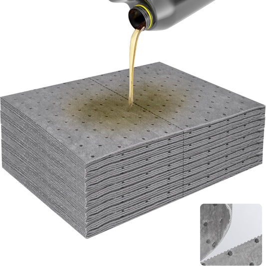50PC Oil Absorbent Pads | 13"x10" Meltblown Polypropylene Mats, Hand-Tear Lines for Automotive & Workshop | Vacuum Eco-Packaging, Reusable Spill Control