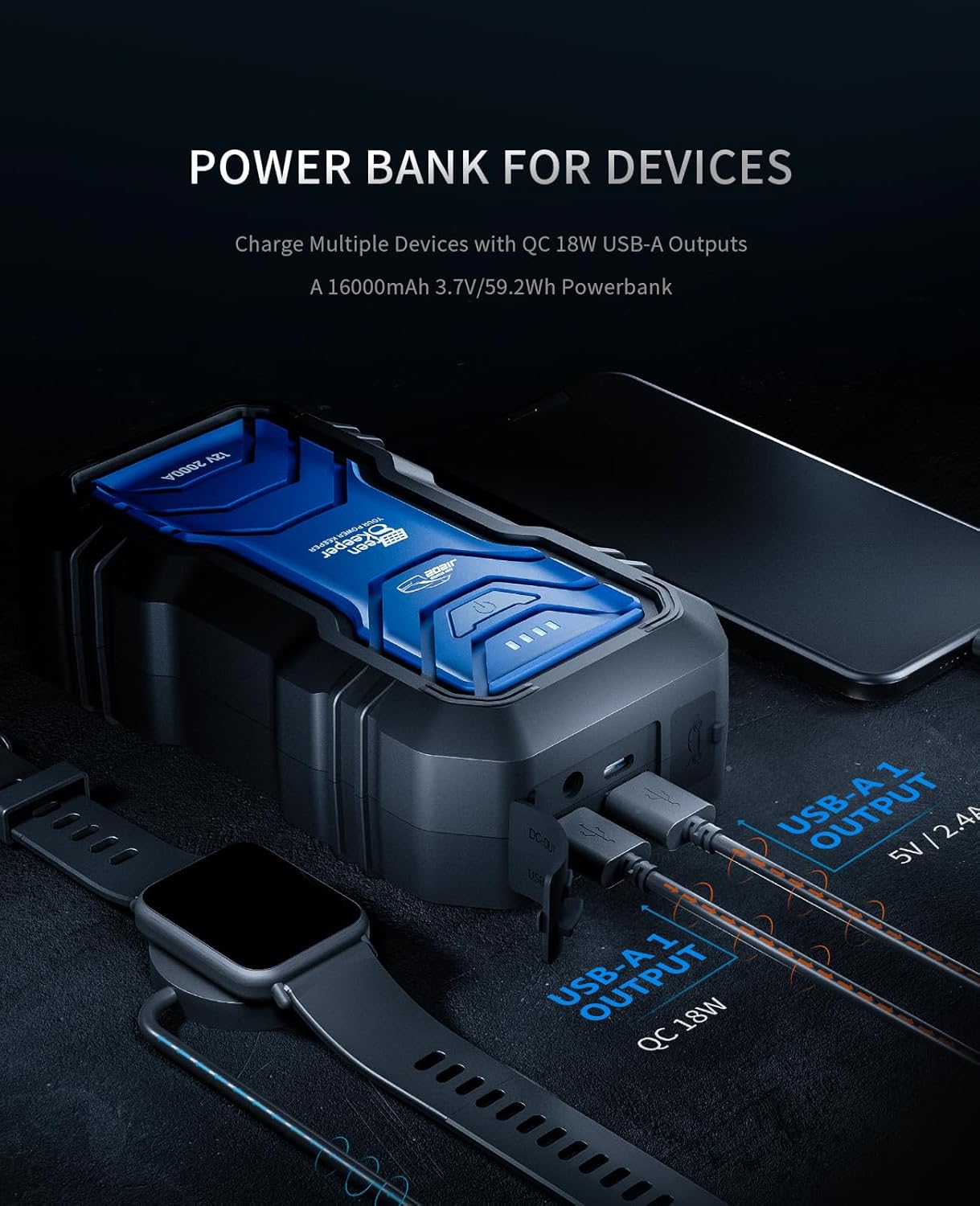 Portable Jump Starter 2000A Car Battery Jumper 12V Booster Engine Starter for 7.0L Gas & 6.5L Diesel Jump Start Battery Pack Multiple Emergency Kit with LED & Safety Protection with DC 12V/6A Output