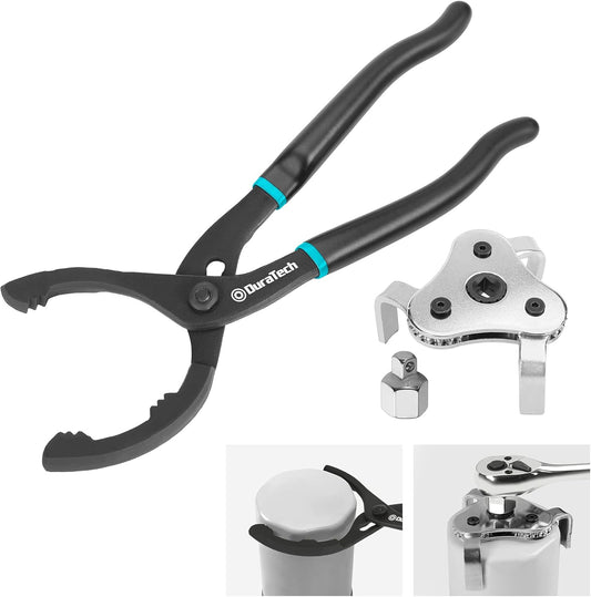 DURATECH 2-Piece 12 Inch Oil Filter Pliers & 3 Jaw Adjustable Oil Filter Removal Wrench, for Cars, Motorcycles and Trucks