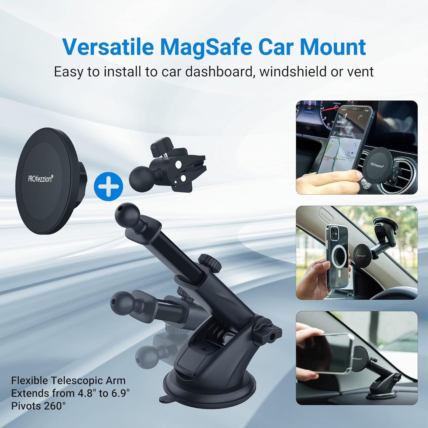 PROfezzion Suction Cup & Vent Clip Combo Magnetic Phone Holder Compatible with MagSafe on Car Dash, Windshield or Vent for iPhone 16 15 14 13 Pro Max Plus, Mag-Safe Case & All Phones [Telescopic Arm]