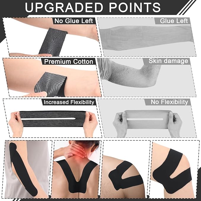 12 Pcs Precut Kinesiology Tape for Knees Waterproof Sport Knee Tape Elastic Breathable Latex-Free Athletic Tape Knee Pain Relief Tape for Knee Tendons Support Strips Fitness(Black)
