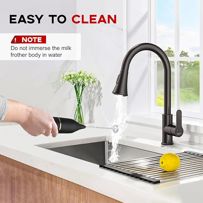 Handheld Milk Frother 14,000 RPM Drink Mixer Wand with Stand & Stirring Spoon Quiet One-Button Operation, Non-Slip Handle, Detachable Whisk Head for Coffee, Lattes, Cappuccinos, Matcha (Black)