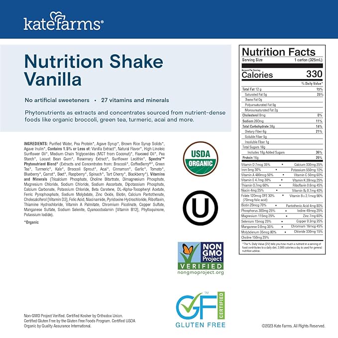KATE FARMS Organic Nutrition Shake, Vanilla, 16g Protein, 27 Vitamins and Minerals, Protein Meal Replacement Drink, Protein Shake, 11 oz (12 Pack)