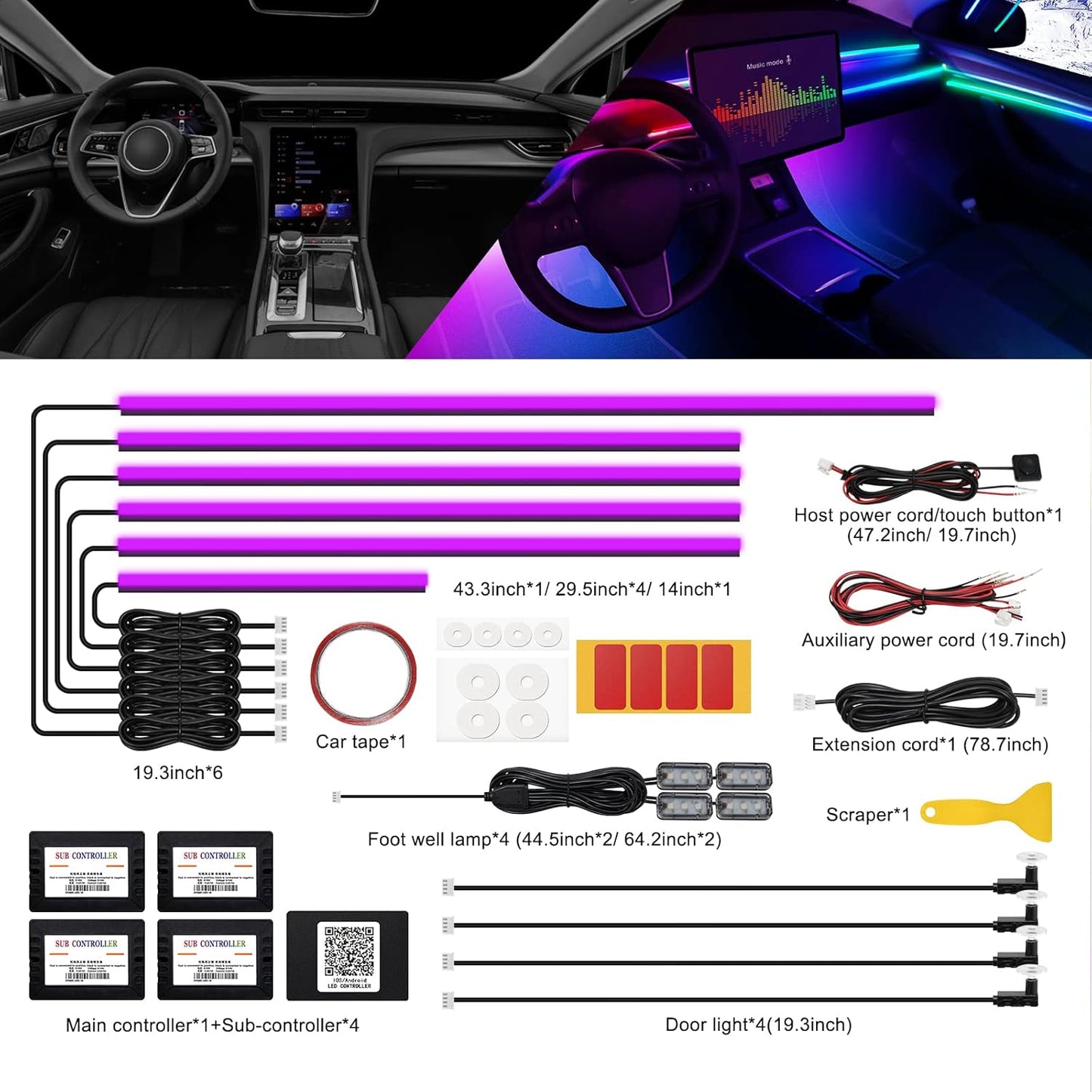 Acrylic Interior Car LED Strip Light with Wireless APP, RGB 14 in 1 with 175 inches 593 LEDs Fiber Optic Ambient Lighting Kits, 16 Million Colors Sound Active Function Car Neon Lights
