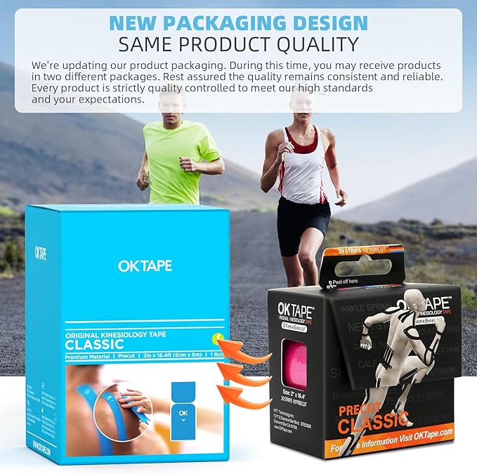 OK TAPE Kinesiology Tape 10 inches Precut, 20 Strips, Cotton Elastic Athletic Tape Latex Free, 2inch x 16ft, 2 Rolls Orange