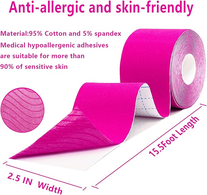 Kinesiology Tape Pro 5 Rolls, 2 Inch High Elasticity Sports Tape Therapeutic Pain Relief–Physio Tape for Muscle Recovery & Joint Support, Waterproof & Hypoallergenic & Breathable–Pink