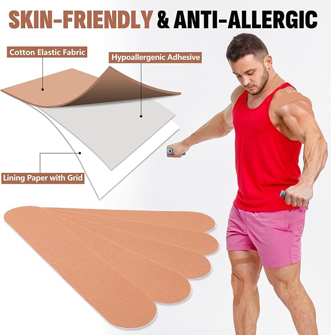 60PCS Precut Kinesiology Tape Strips, 2 inch x 10 inch Athletic Tape, Kinetic Tape, Elastic Muscle Tape, Sports Tape, Knee Tape for Exercise and Daily Use - Skin Color