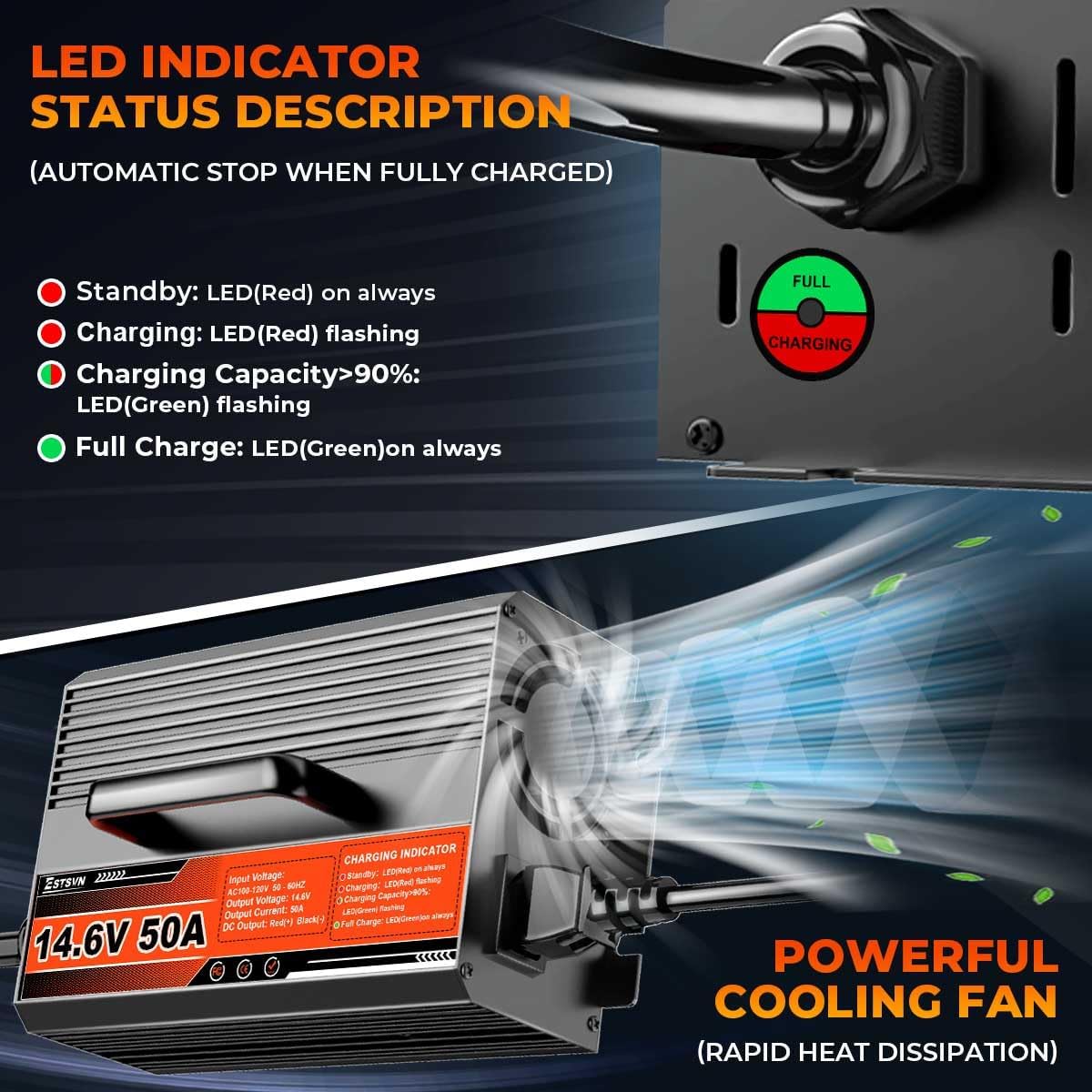50A 14.6V LiFePO4 Battery Charger 12V Lithium Battery Smart Charger Fast Charging with Anderson Connector AC-DC Trickle Charger for Deep Cycle Rechargeable Batteries of RV Boat Car Marine