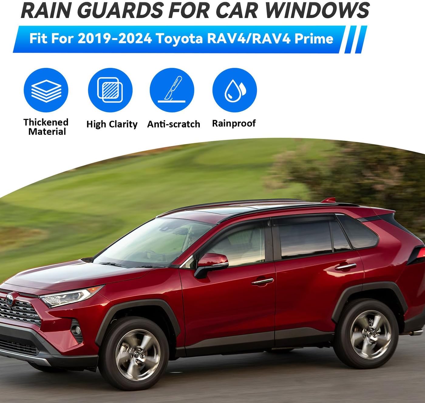 4pcs Window Visors Compatible with 2019-2025 Toyota RAV4 RAV-4 PrimeFront+Rear Smoke Tint Sun/Rain Guard Outside Mount Tape-On Vent 2020 2021 2022 2023 2024