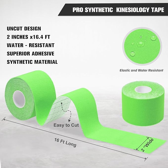 Pro Synthetic Kinesiology Tape 1 Roll, Athletic Sports Tape for Muscle Joint Support, Pain Relief for Knee Elbow Wrist Ankle Plantar Fasciitis, 2 in x 16.4 Ft, Green