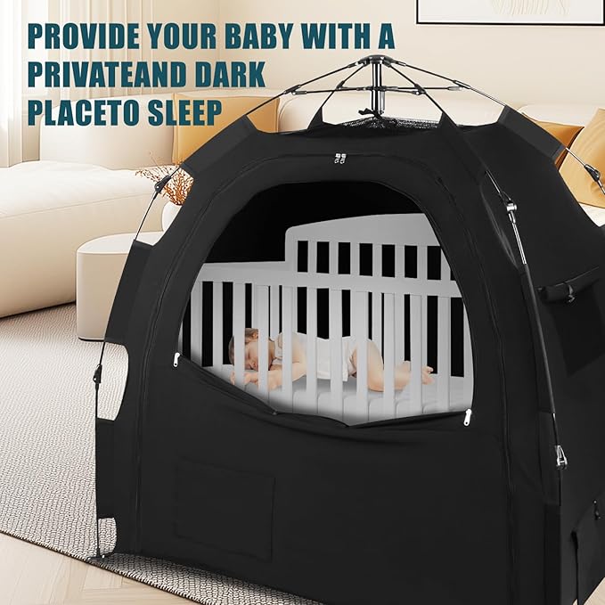Blackout Tent for Pack N Play: Portable Baby Sleep Pod with 1-Click Setup, Mini Crib Cover with Monitor and Fan Pouches, Blocks 95% of Light, Travel Crib Canopy