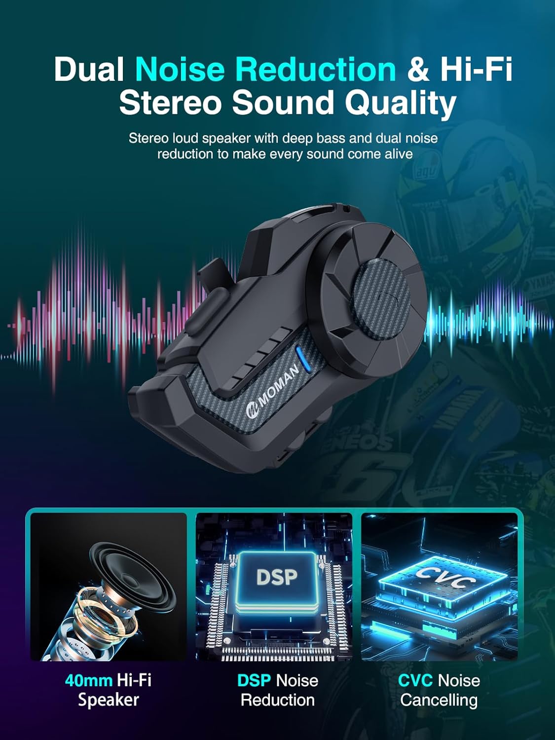 Moman Motorcycle Intercom, H2 Pro【2 Pack Carbon Fiber】 Motorbike Helmet Communication System up to 1000M with DSP&CVC Noise Cancellation FM Music Share, Motorcycle-Intercom-Headset-Helmet-Motorbike