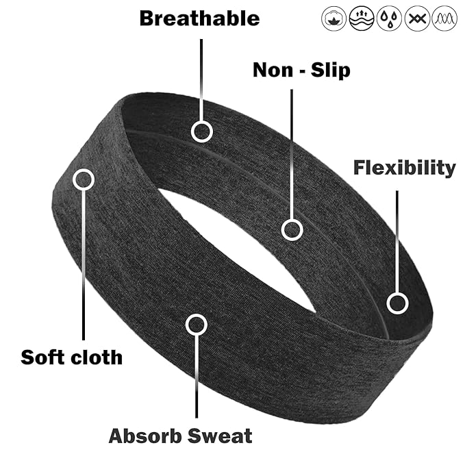 IVARYSS Workout Headbands for Women Non Slip, Premium Stretchy Soft Fabric Head Bands for Women's Hair, Wear for Yoga, Running, Sport, 6 Pack, Black White Grey
