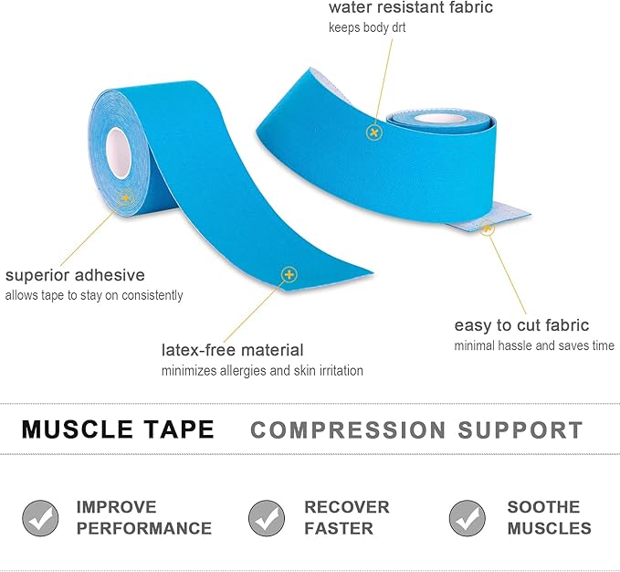 4 Pack Kinesiology Tape for Sports Athletes - 16 FT Waterproof Athletic Tape for The Knee, Elbow and Shoulder Muscles, etc. (Light Blue)