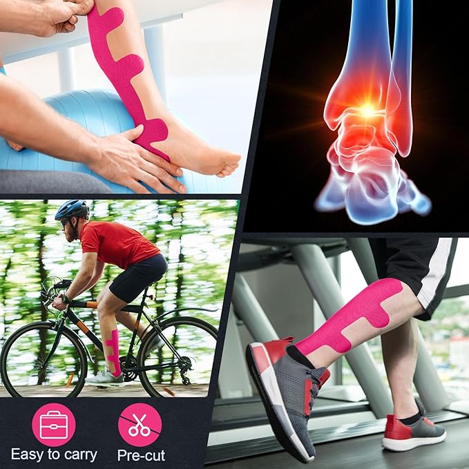 30 Pcs Achilles Tendonitis Kinesiology Tape Precut Achilles Tendon Ankle Tape Latex Free for Sprained Ankle Relief Muscle Support Foot Pain Athletic Sport (Hot Pink)