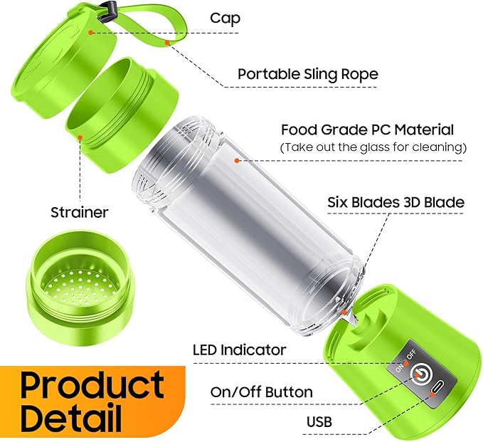 Personal Blender for Shakes and Smoothies - 2025 New Upgrade Cordless Portable Blender USB-C Rechargeable, 380Ml BAP Free Juice Cup, 6 Blades Freshly Squeezed for Picnic/Sprots, 20000Rpm/Min Speed
