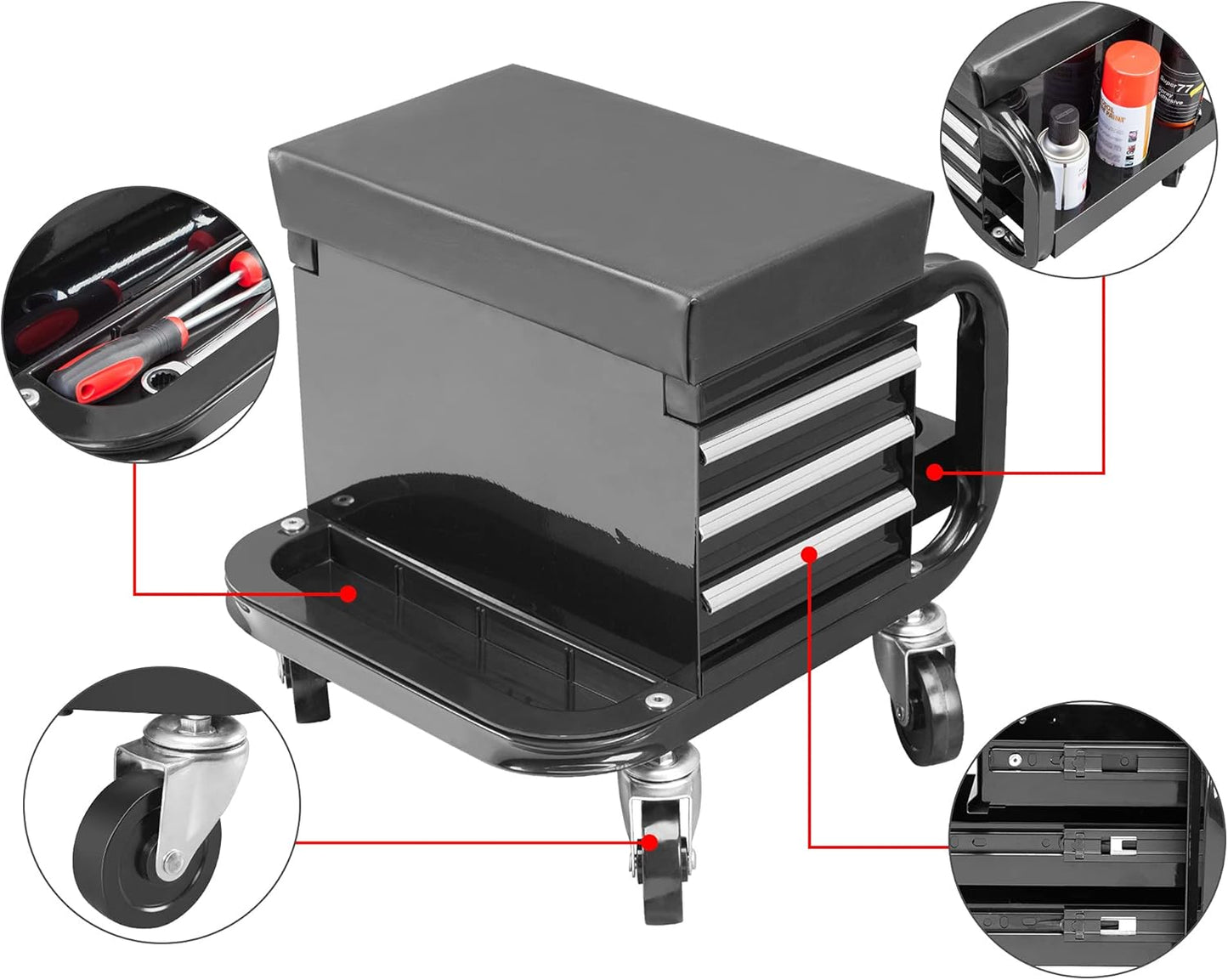 Torin APD2016AB Rolling Tool Chest/Tool Box with 3 Drawers and Wheels, Padded Mechanic Stool Creeper Seat, Black