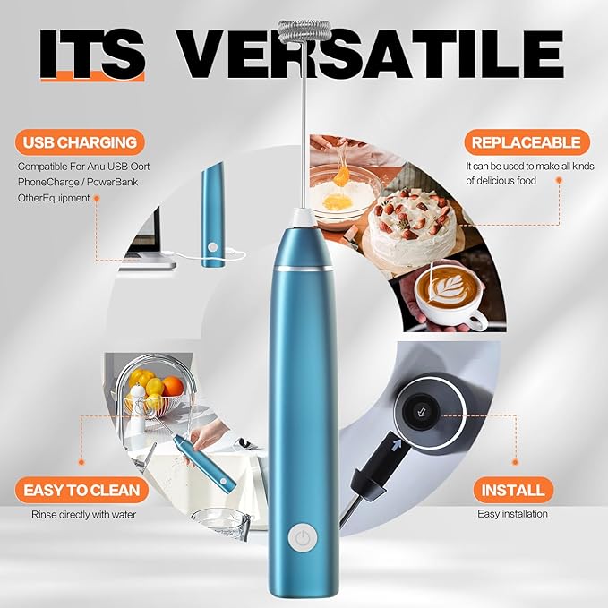 Milk Frother Rechargeable Handheld Electric Whisk Coffee Frother Mixer with 2 Stainless whisks 3 Speed Adjustable Foam Maker Blender for Coffee Matcha Latte Cappuccino Hot Chocolate（C-Blue）