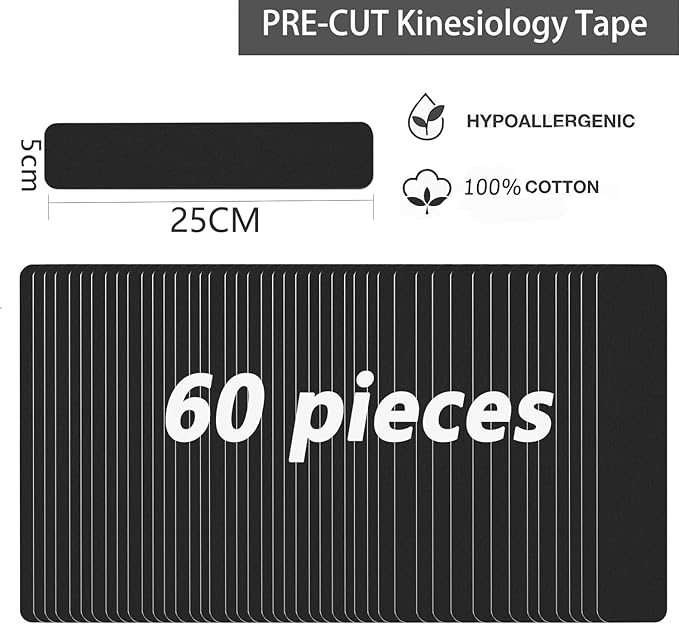 Kinesiology Tape Pro Athletic Sports Waterproof Breathable Athletic Elastic Kneepad Muscles & Joints Pain Relief Knee Taping for Gym Fitness Running Tennis Swimming Football (Black, 60 Strips)