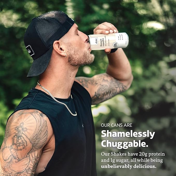 Slate Milk - High Protein Milk Shake - French Vanilla - Lactose Free, 20g Protein, 1g Sugar, 100 Calories, 1g Net Carbs, No Added Sugar - Natural, Breakfast Boost, Post Workout - 11 fl oz, 48 Cans