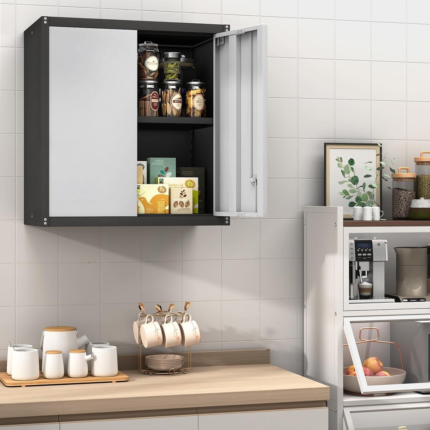 GREATMEET Metal Wall Cabinet, Wall Mounted Garage Cabinet, Locking Metal Storage Cabinet with Doors for Home Office, Garage, Utility Room