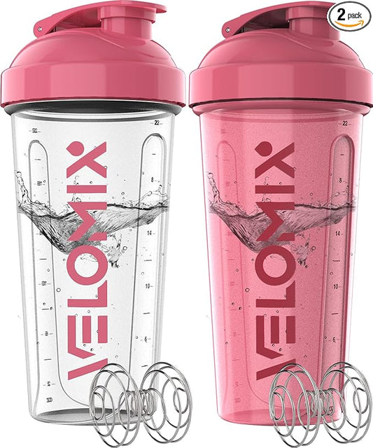 '-2 Pack- 28 oz Protein Shaker Bottles for Protein Mixes - 2x Wire Whisk | Leak Proof Shaker Cups for Protein Shakes | Protein Shaker Bottle Pack (Pink/Transparent)