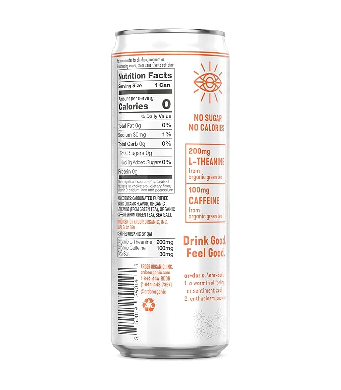 ARDOR ENERGY Sparkling Water with 100mg Natural Caffeine & 200mg L-Theanine from Organic Green Tea for Smooth Energy & Focus | Healthy Energy Drink | No Sugar, Zero Calories, Vegan, Gluten-Free | Tropical Mango (Pack of 12, 12oz cans)